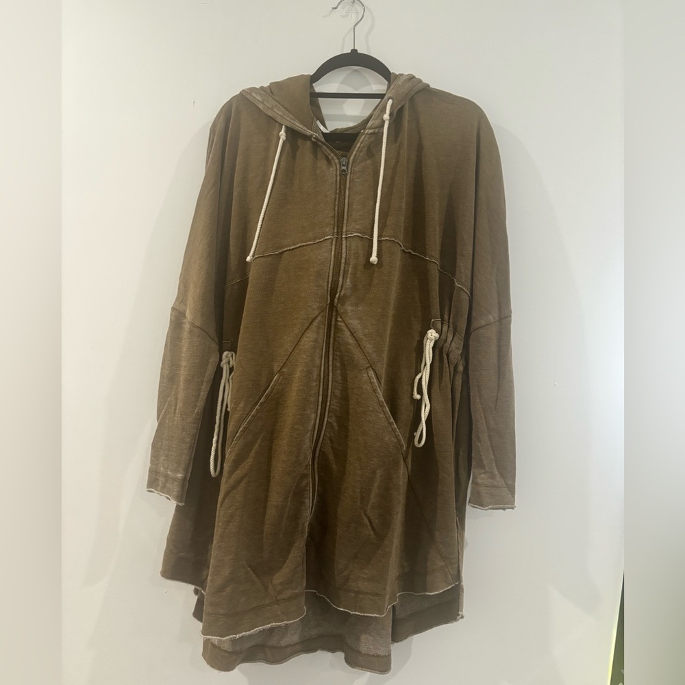 Free People Military Green Hooded Zip Up Sweatshirt Dress